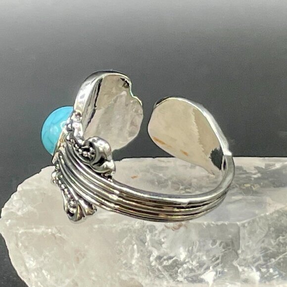 Boho Faux Turquoise Floral Adjustable Spoon Ring #1214 - Picture 6 of 8